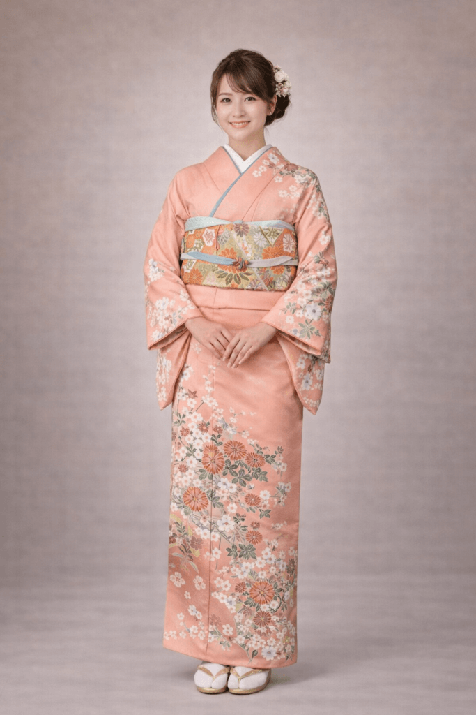 【訪問着　HOUMONGI】東雲色　桜と菊の舞★ポリエステル袷