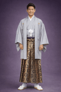 【男性紋付】薄墨色に金の紋付・ゴールド花菱の袴