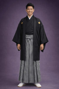 【男性紋付】漆黒に金の紋付・縦縞の袴