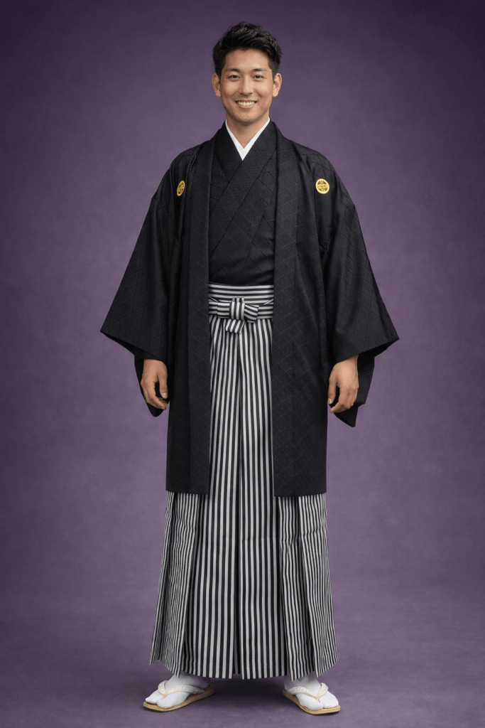 【男性紋付】漆黒に金の紋付・縦縞の袴