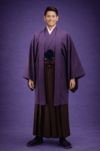 【男性紋付】深紫の縦縞紬に憲法色の袴