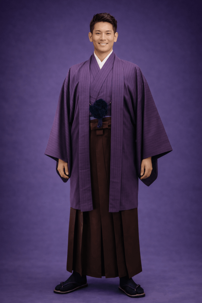 【男性紋付】深紫の縦縞紬に憲法色の袴