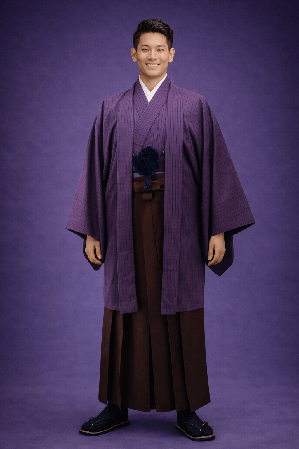 【男性紋付】深紫の縦縞紬に憲法色の袴