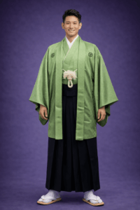 【男性紋付】緑ぼかし紋付・濡羽（ぬれば）色の袴