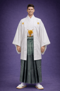 【男性紋付】白に金の紋付・グラデーションの縦縞の袴