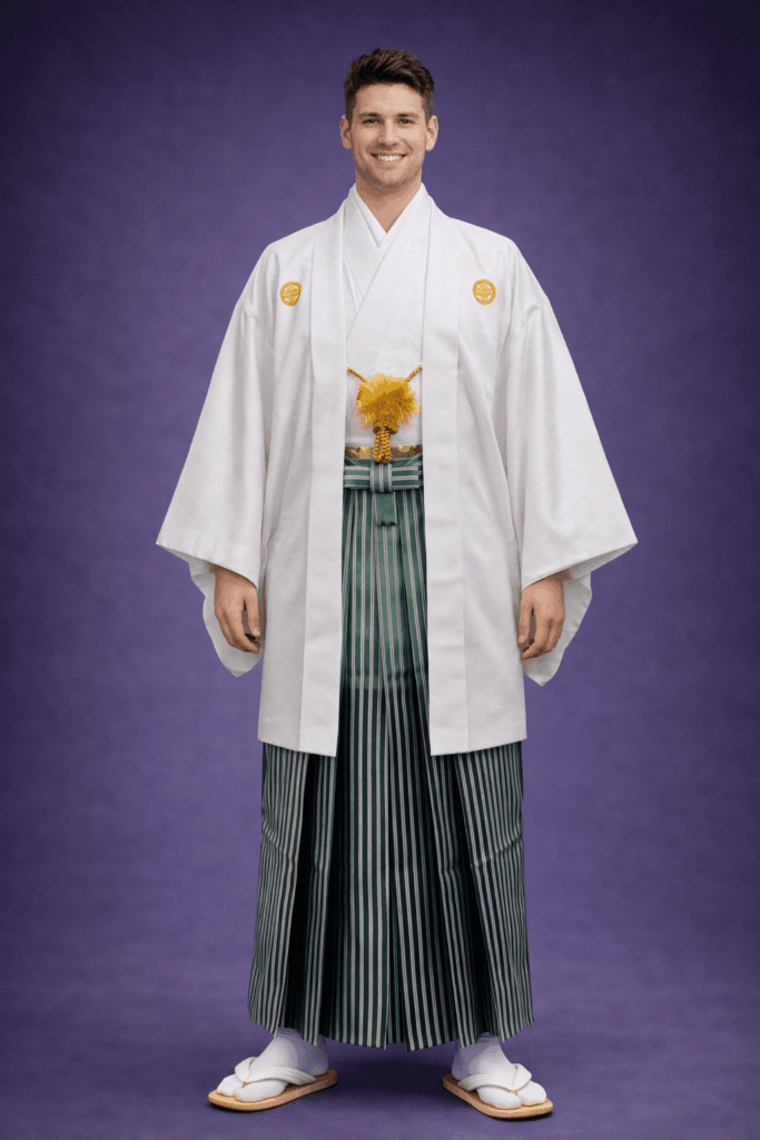 【男性紋付】白に金の紋付・グラデーションの縦縞の袴