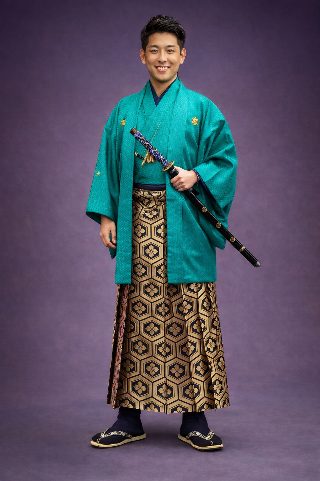 【男性紋付】納戸色に金の紋付・ゴールド花菱の袴