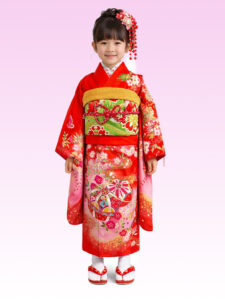 【七五三Girl女の子　7歳/5歳】 紅赤　手毬唄と蝶