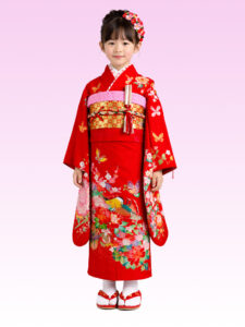 【七五三Girl女の子　7歳/5歳】 深緋色　蝶とオシドリ　麗しの水辺