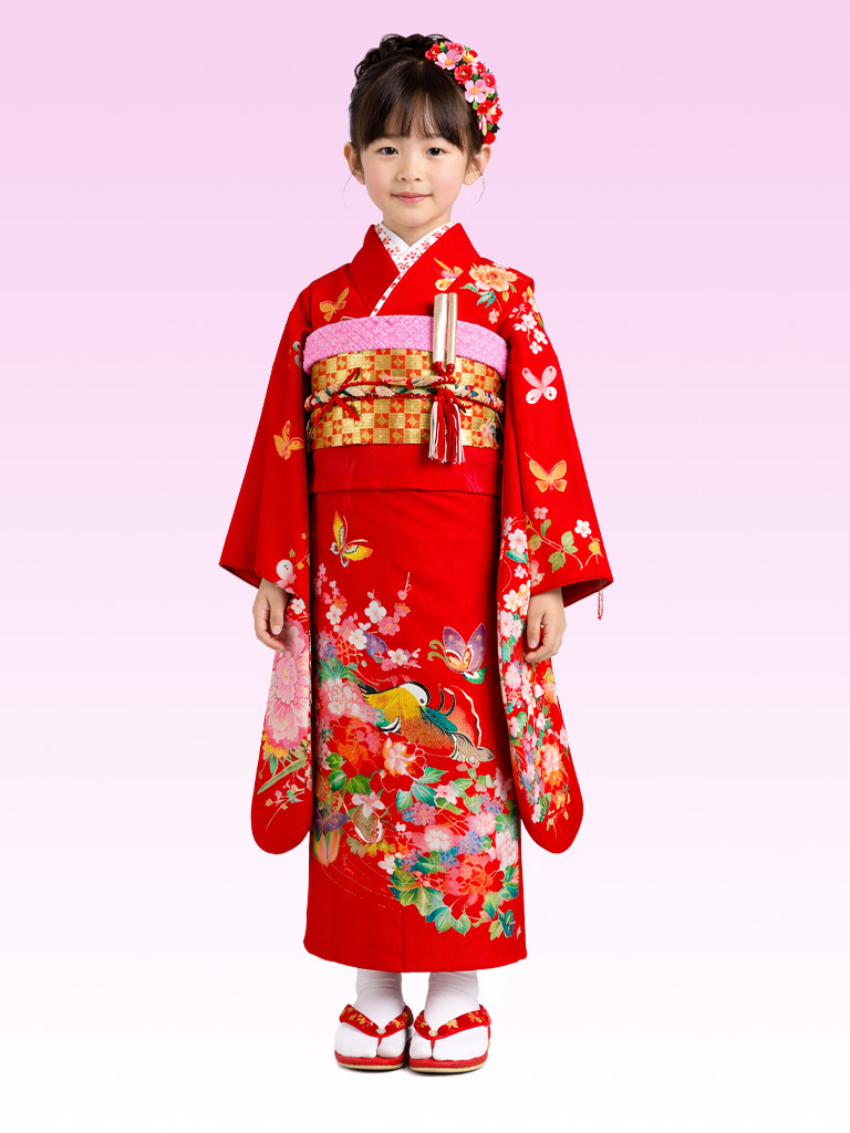 【七五三Girl女の子　7歳/5歳】 深緋色　蝶とオシドリ　麗しの水辺