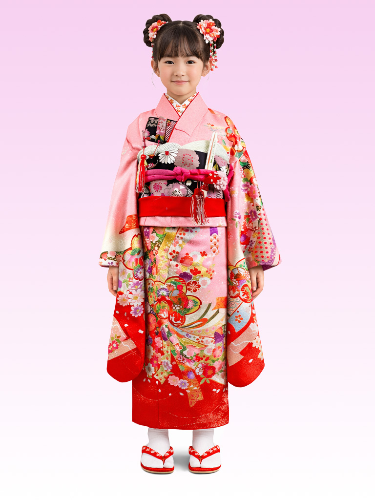 【七五三Girl女の子　7歳/5歳】 薄桃色　桜と束ね熨斗