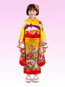 【七五三Girl女の子　7歳/5歳】 山吹色　慶びの花と蝶に鶴