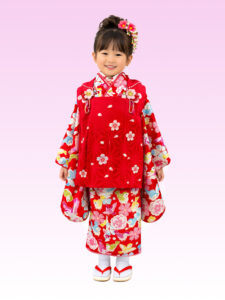 【七五三Girl女の子　3歳/5歳】 昭和レトロ　朱赤に遊ぶ 子すずめと子うさぎ