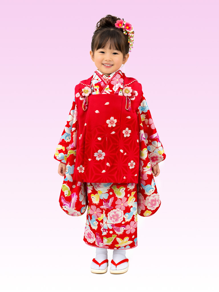 【七五三Girl女の子　3歳/5歳】 昭和レトロ　朱赤に遊ぶ 子すずめと子うさぎ