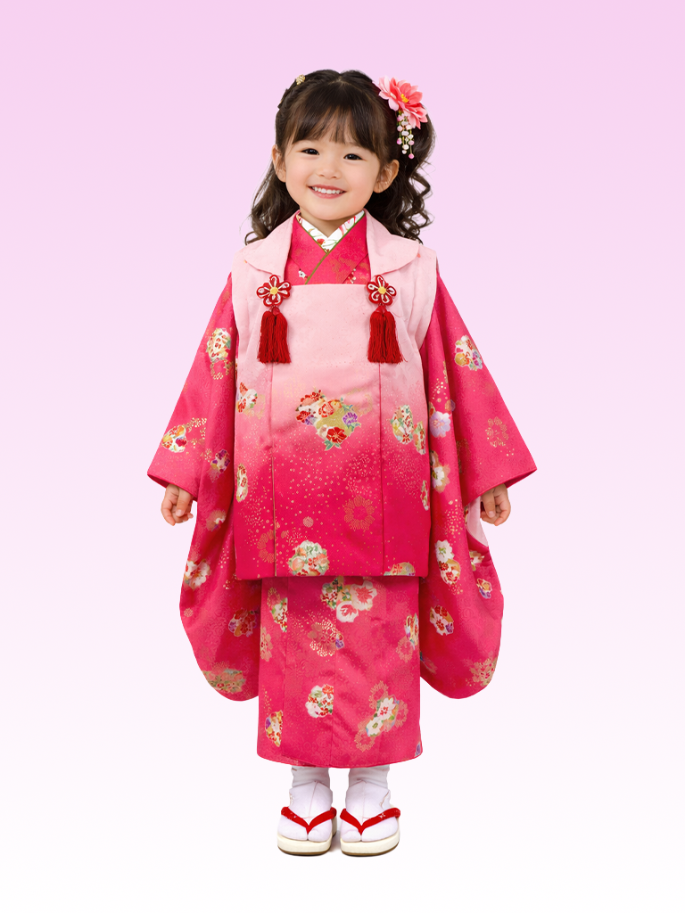 【七五三Girl女の子　3歳/5歳】 艶やかなピンク縁起の良い花輪　被布　ピンクグラデーション