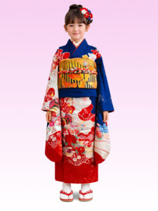 【七五三Girl女の子　7歳/5歳】 藍色　花と鼓