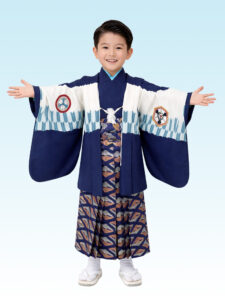【七五三Boy男の子　3歳/5歳】 紺×白×矢羽根　勇ましき兜