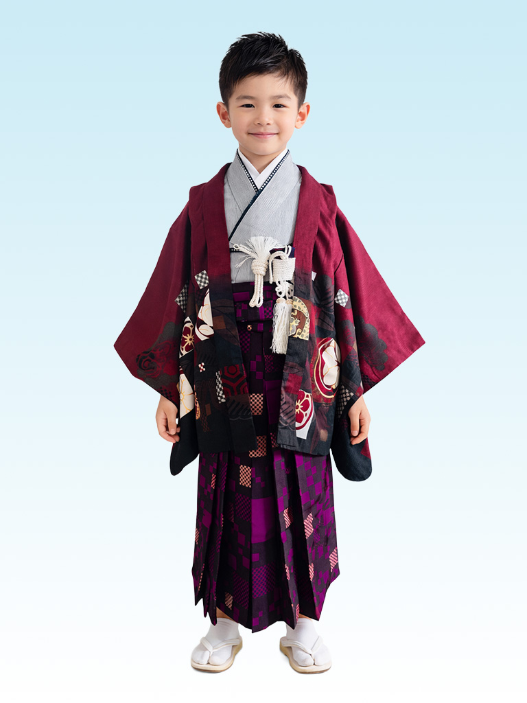 【七五三Boy男の子　5歳】葡萄色 （えびいろ）市松に吉祥柄