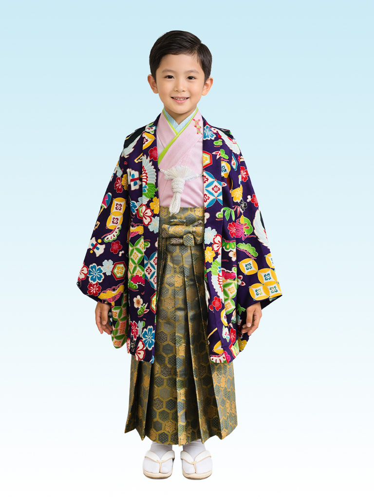 【七五三Boy男の子　3歳/5歳】紫紺色（しこんいろ）宝尽くし　慶びの鶴