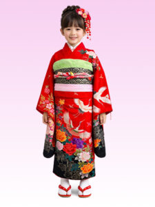 【七五三Girl女の子　7歳/5歳】　紅色（べにいろ）咲き誇る薔薇と夫婦鶴