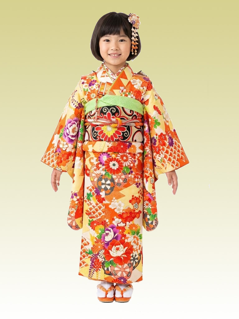 レトロきもの【七五三Girl女の子　7歳/5歳】　蜜柑色（みかんいろ）百花繚乱