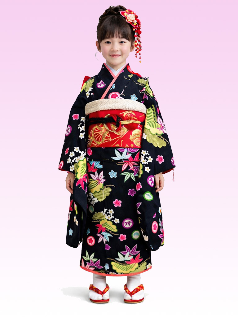 【七五三Girl女の子　7歳/5歳】　烏羽色（からすばいろ）幸せの松竹梅