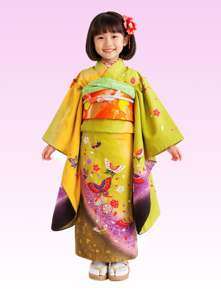 【七五三Girl女の子　7歳/5歳】　若苗色（わかなえいろ）桜吹雪に蝶