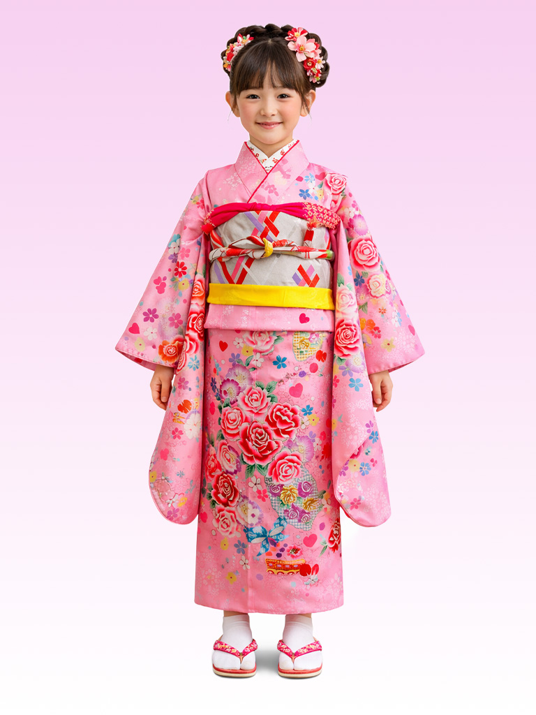 【七五三Girl女の子　7歳/5歳】ピンク色　薔薇と蝶のロマンティック