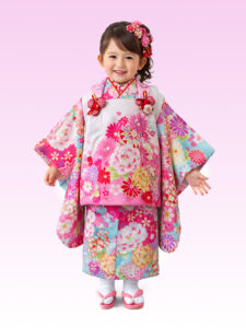 【七五三Girl女の子　3歳/5歳】空色（そらいろ）に白のお被布　美しき花の競演