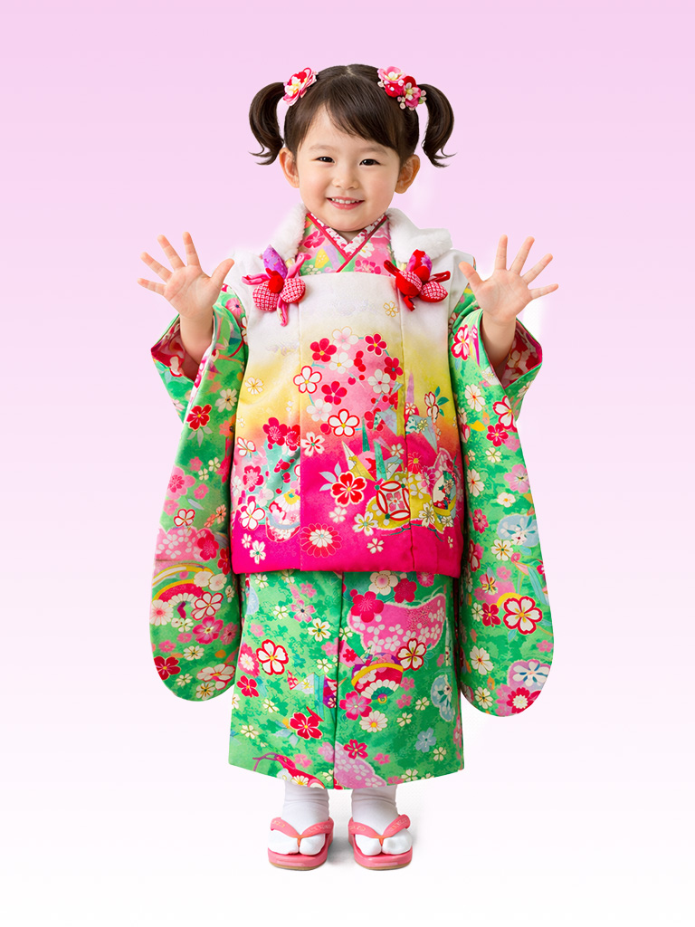 【七五三Girl女の子　3歳/5歳】若竹色（わかたけいろ）に白の被布　華やぎの鞠