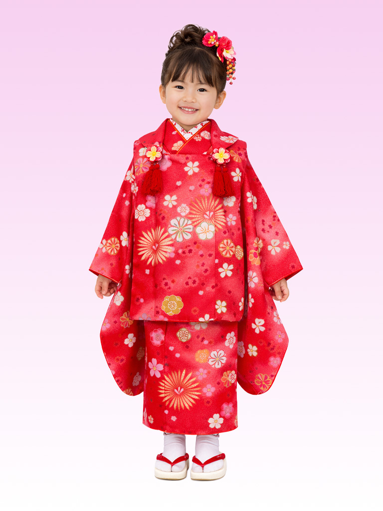 【七五三Girl女の子　3歳/5歳】猩々緋色（しょうじょうひいろ）のぼかし　 ねじり梅