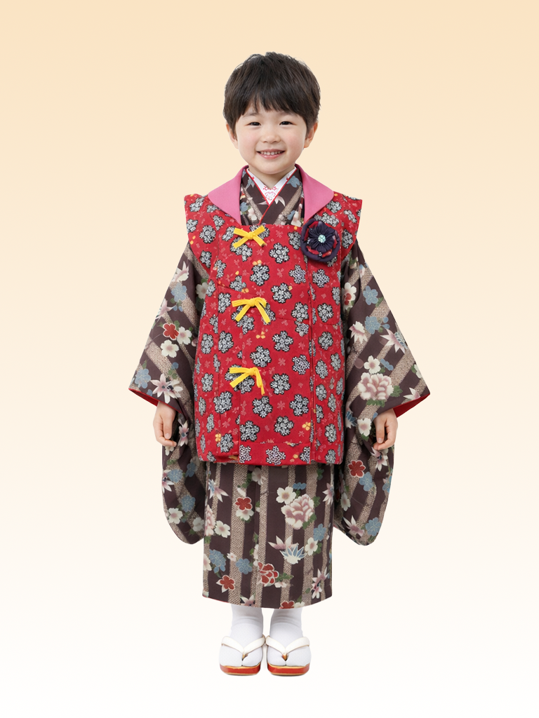 【七五三 3歳/5歳】 煤竹色（すすたけいろ）に竹縞 大正浪漫の装い