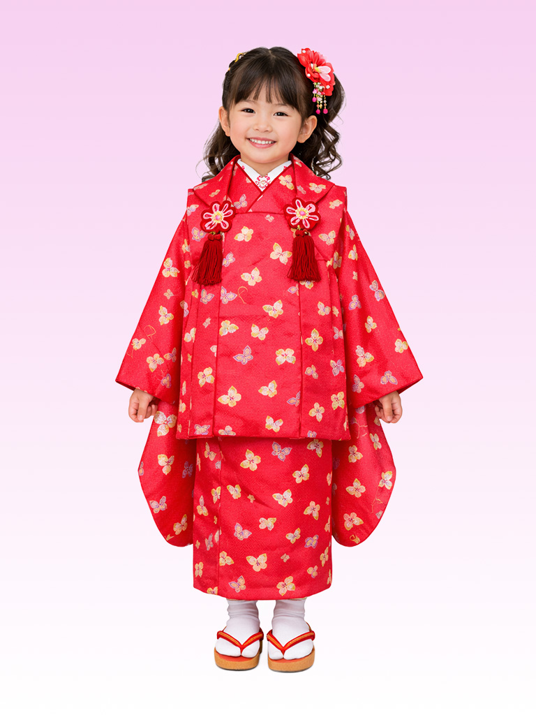 【七五三Girl女の子　3歳/5歳】 真朱色（まそおいろ）に蝶