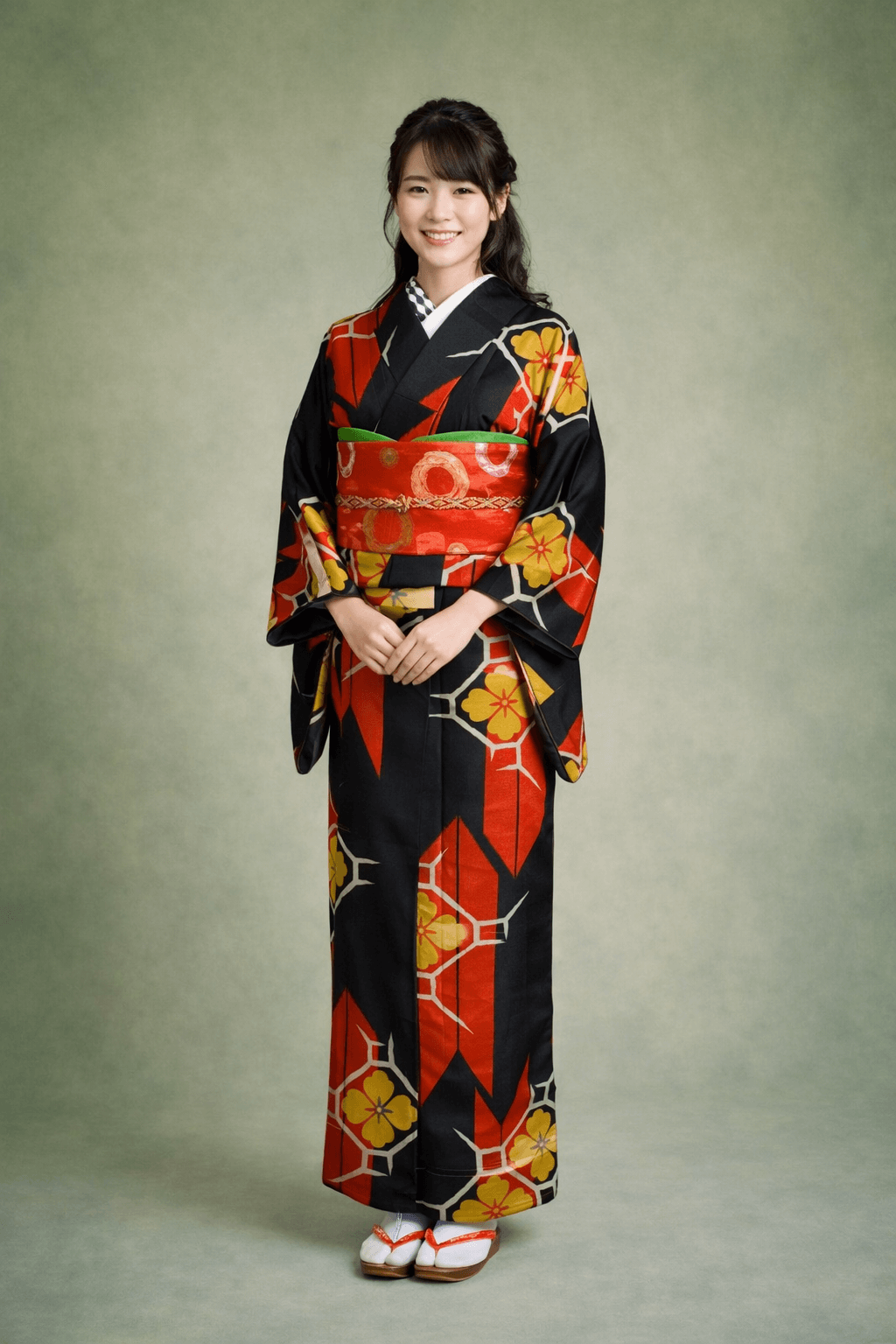 【銘仙 MEISEN】 始まりの和モダン　緋色矢羽根に鶸（ひわ）色の花菱★正絹袷