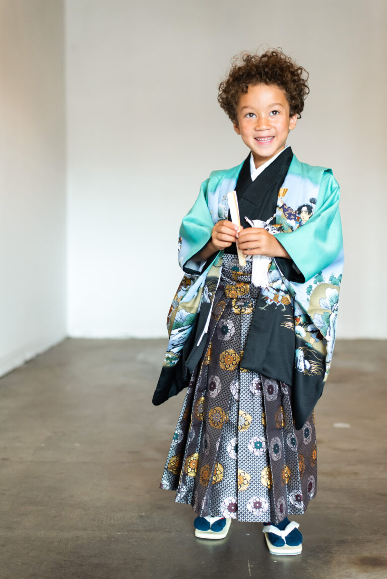 七五三男の子 5歳ミントグリーンに日本一の桃太郎│オランダ 着物